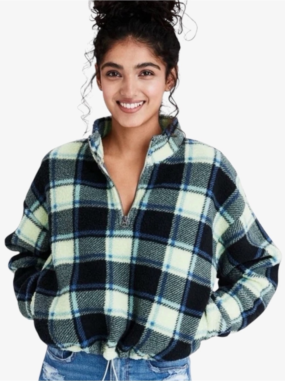 American Eagle Plaid Sherpa Sweater XS Half Zip Pullover Cabin Core Outdoor
